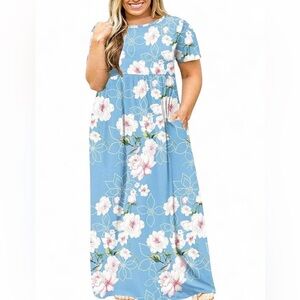 Longyuan Dress Sz 6XL Floral Blue Maxi Empire Waist Closet Staple Feminine